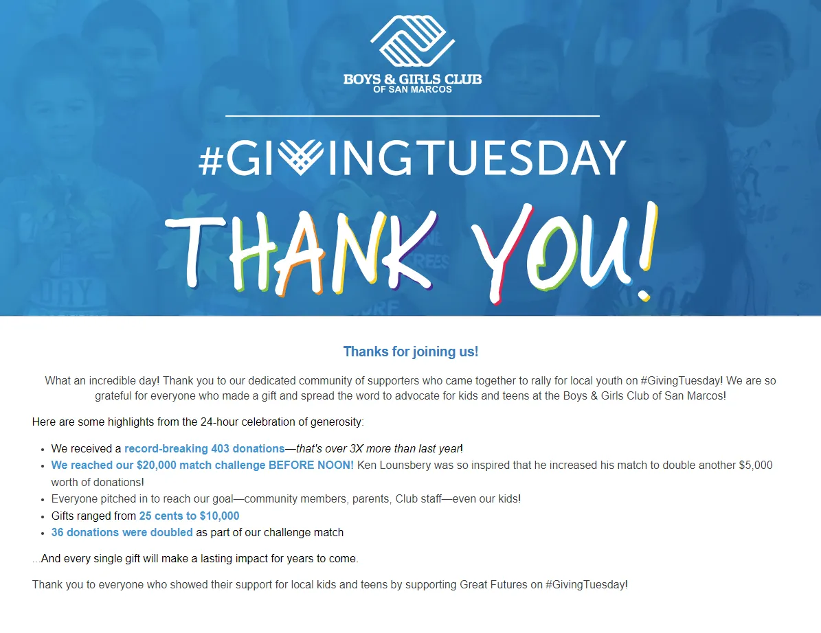 Giving Tuesday thank you example