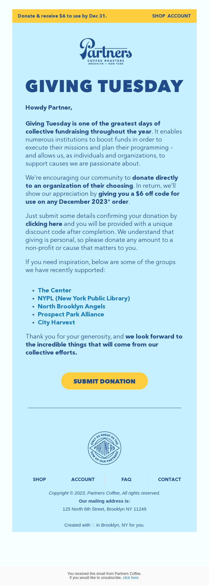 Giving Tuesday community focused email example