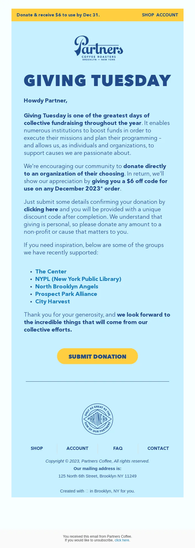 Giving Tuesday community focused email example