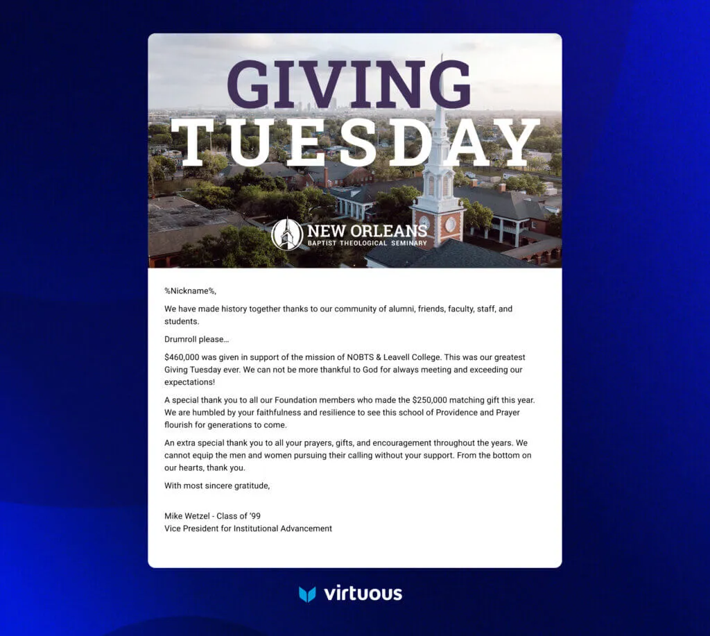 Giving Tuesday thank you example