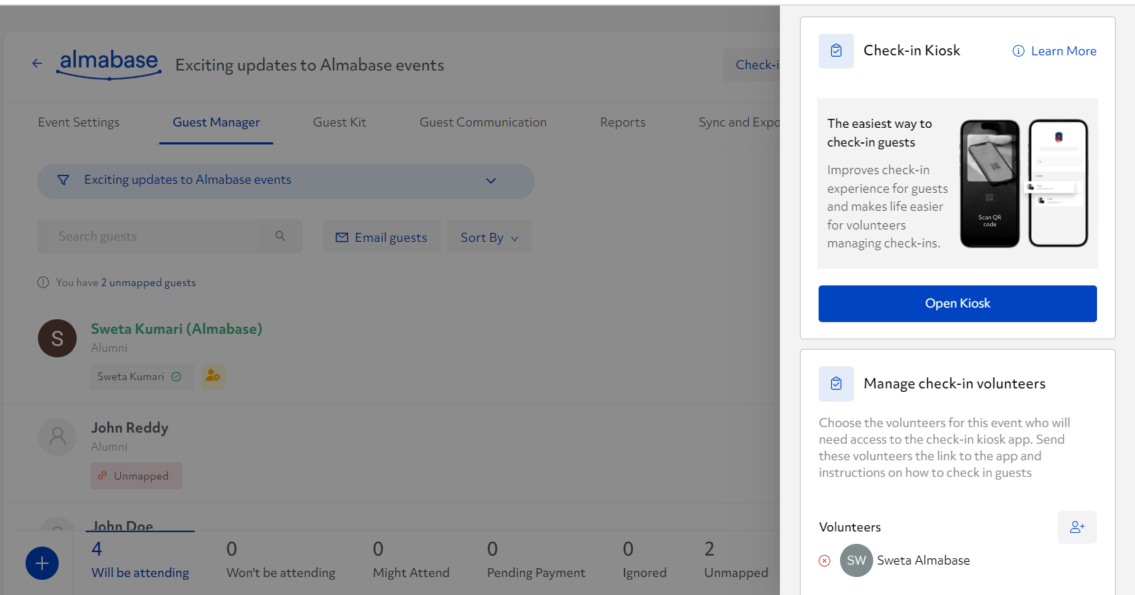 Enjoy a smooth QR check in experience with Almabase