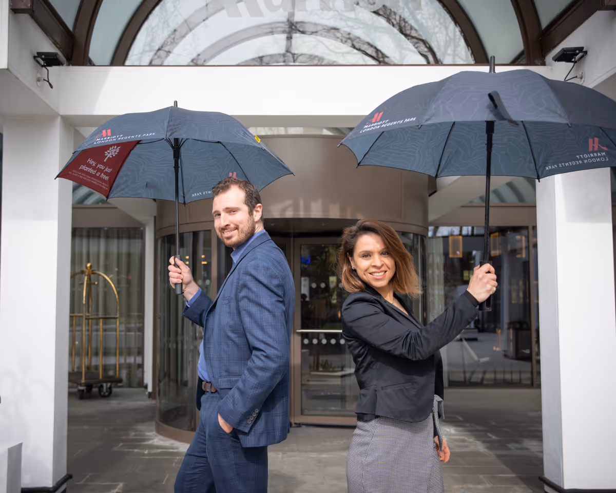 Marriott entrance and umbrellas