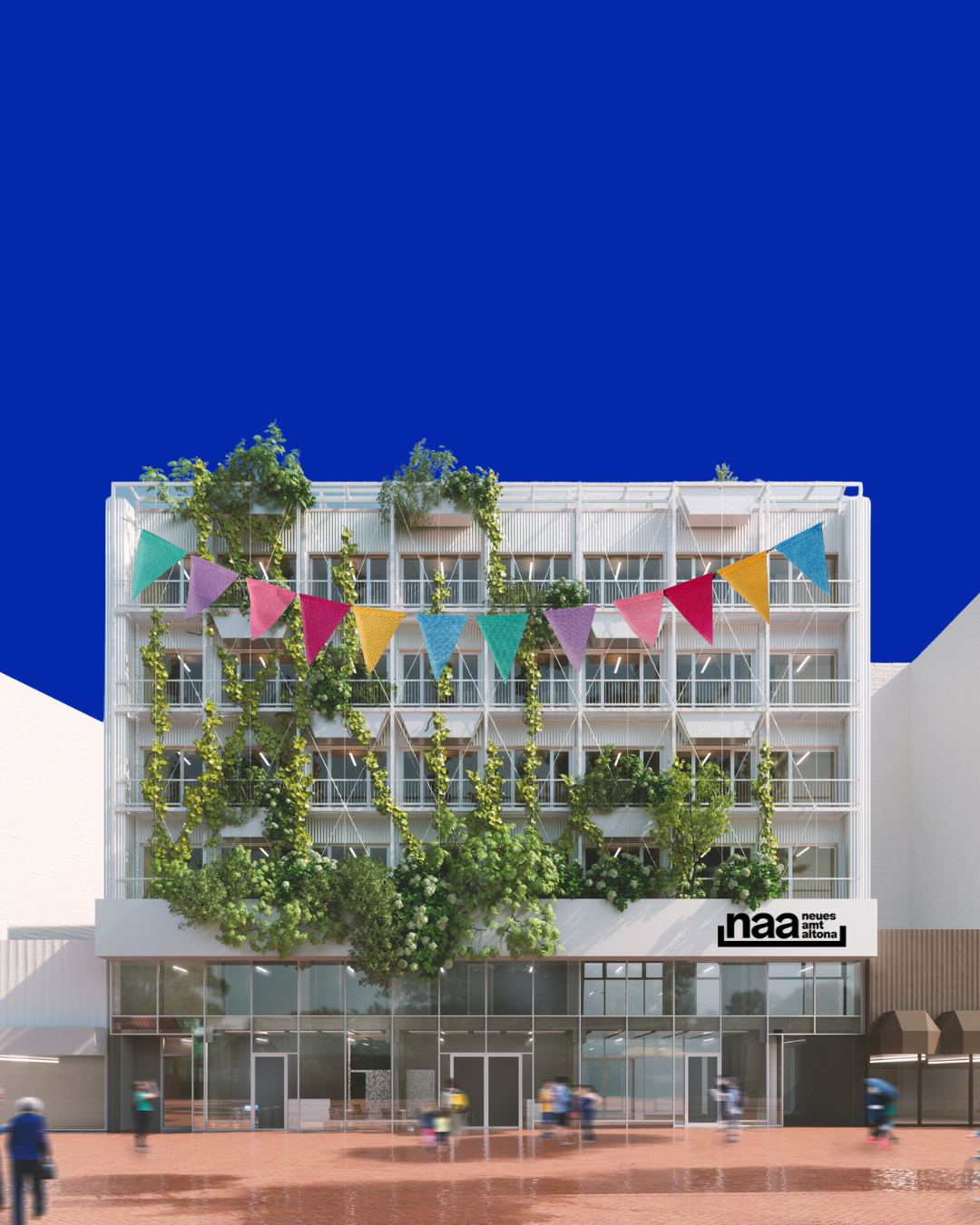AI-generated image of Neues Amt Altona building, frontal perspective