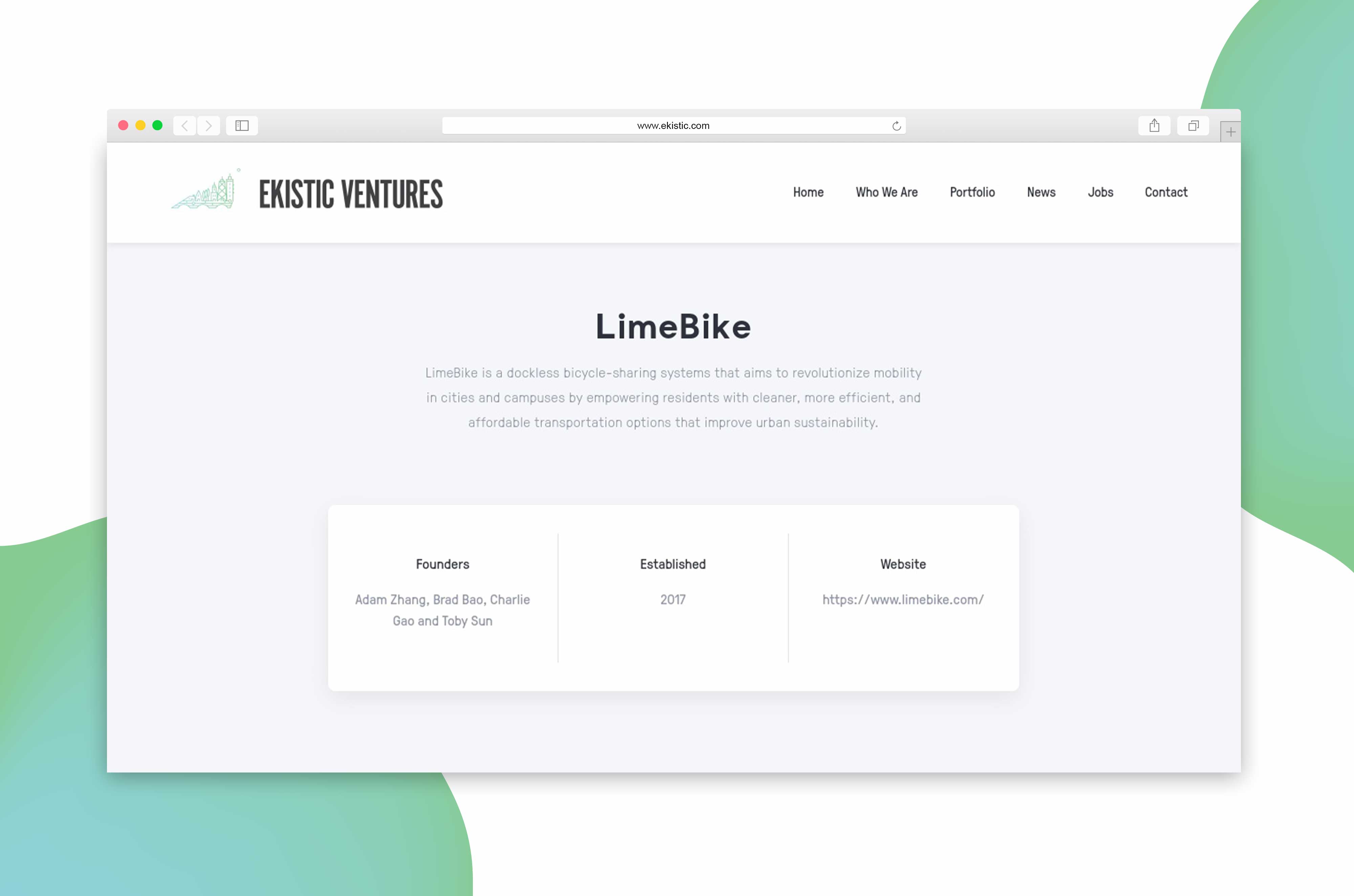 Ekistic Ventures portfolio company website design