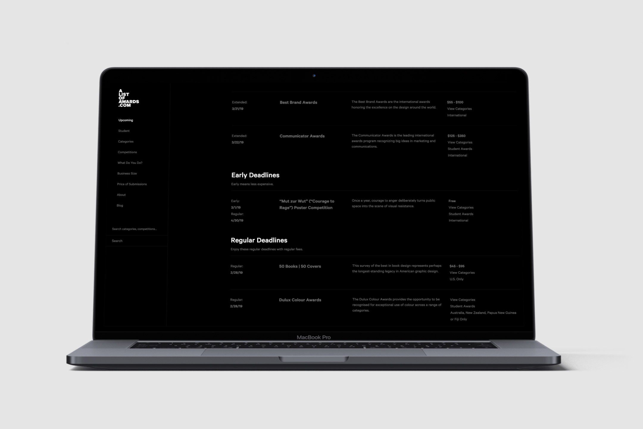 alistofawards.com website design for startup