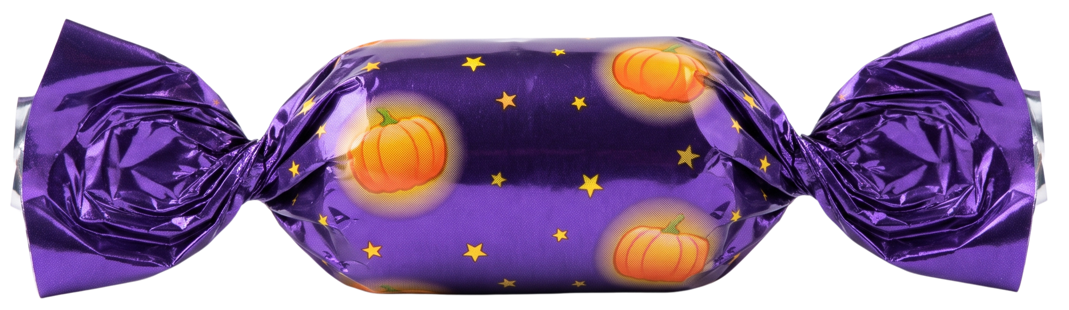 hard candy wrapped in purple foil with cartoon pumpkins on it