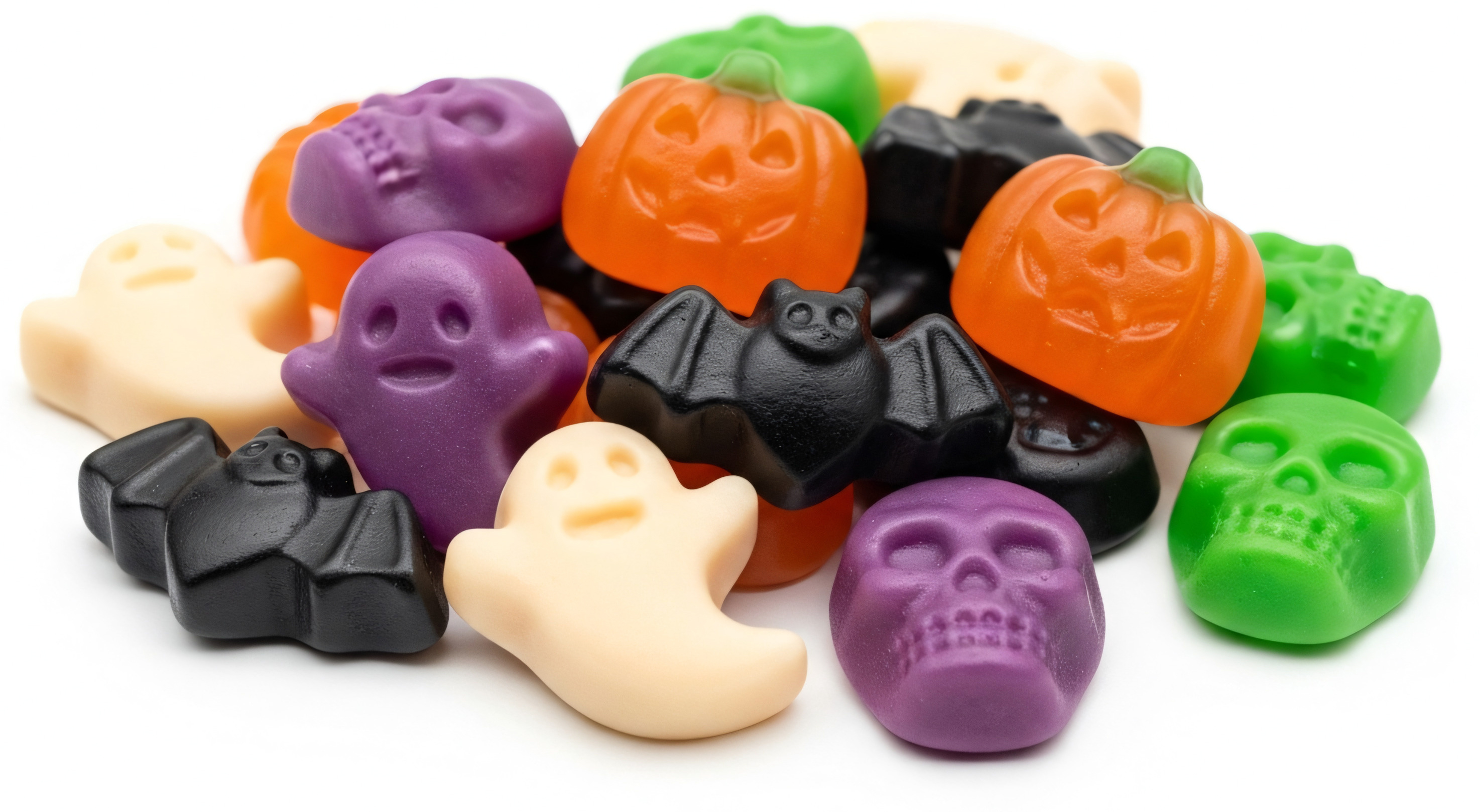 a pile of colorful candies shaped as bats, ghosts, jack-o-lanterns and skulls