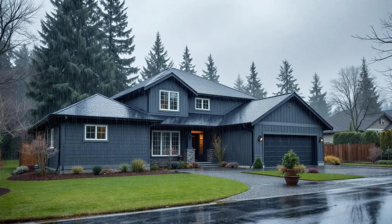 A home in the Pacific Northwest showcases its newly installed cedar siding and roofing, standing resilient against inclement weather typical of the region. The image highlights the quality craftsmanship and curb appeal of the exterior remodeling, emphasizing the importance of siding replacement and repairs for Portland homeowners.