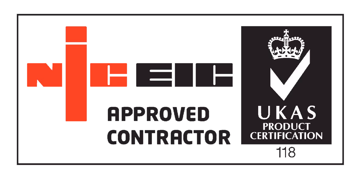 Logos of NICEIC Approved Contractor and UKAS Product Certification with checkmark symbol.