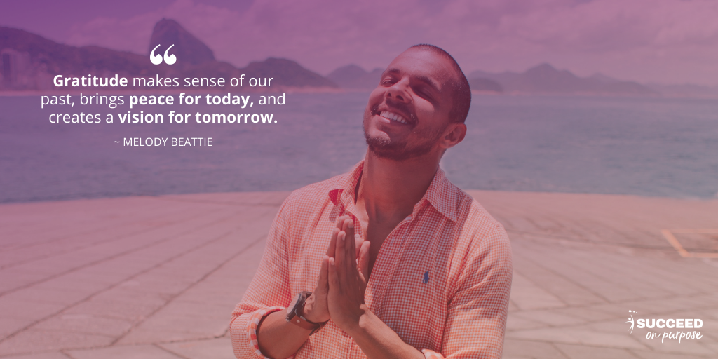 Quote by Melody Beattie about practicing gratitude featuring man holding hands together and smiling.