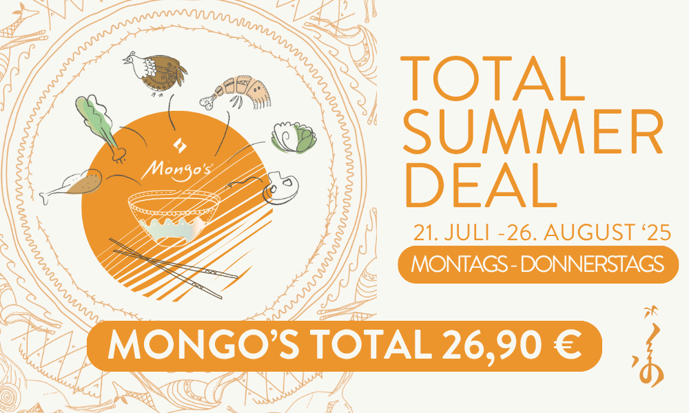 Grafik zur Sommeraktion „Mongo’s Total 26,90 €“ – gültig montags bis donnerstags vom 21. Juli bis 26. August 2025.