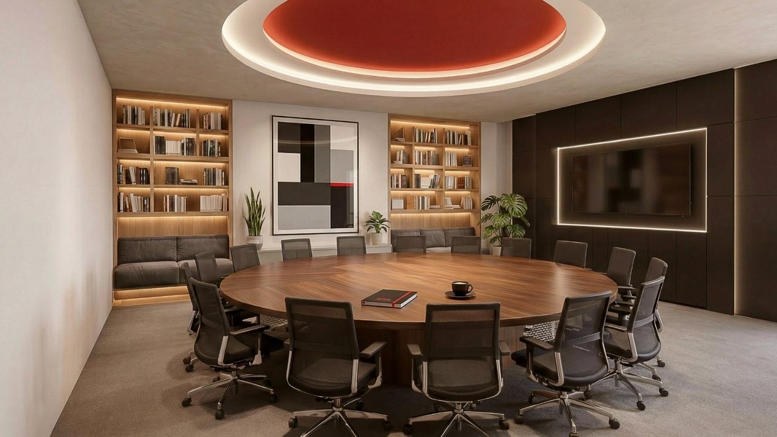 Corner loft office with high ceiling and city views