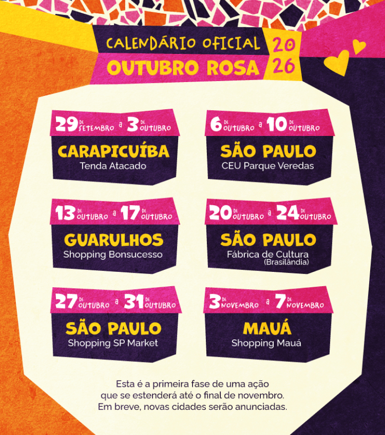 Calendário oficial Outubro Rosa 2026 de mamografias gratuitas.