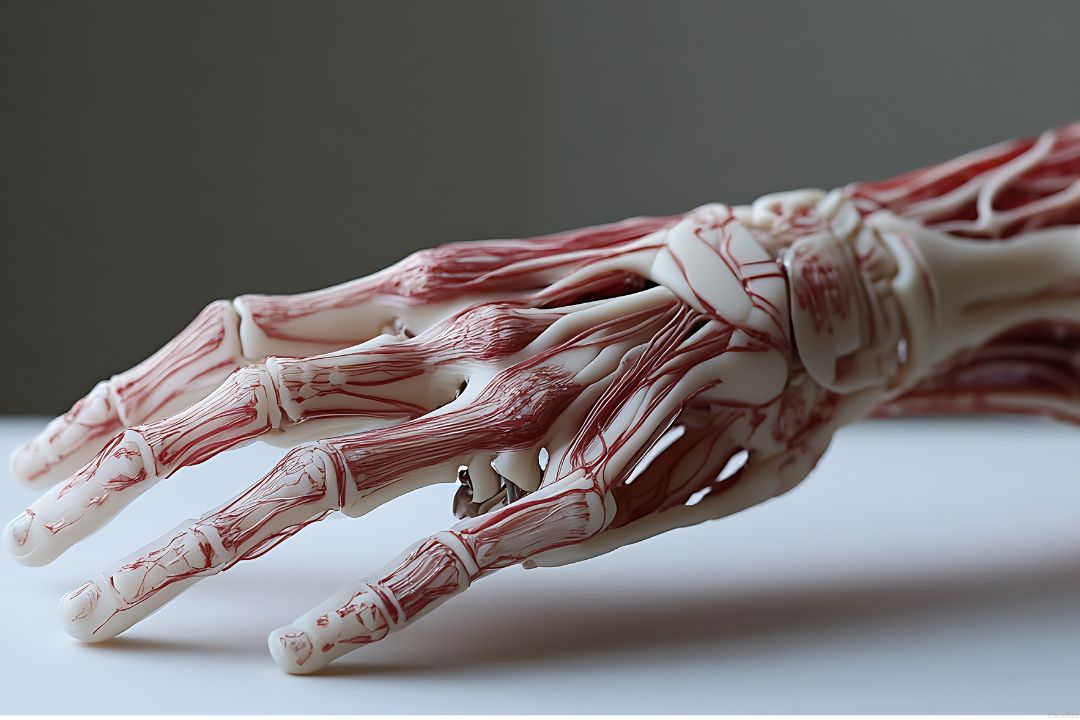 An anatomical model of a hand showing bones and tendons.
