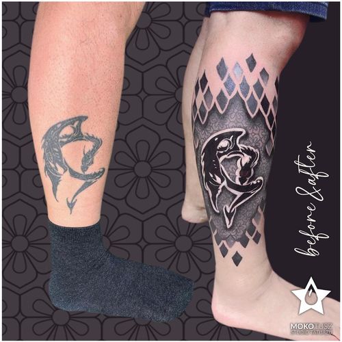 tatuaż cover up na łydce tribal przykrywanie studio tatużu warszawa