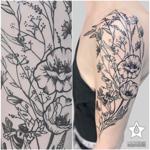 tatuaż dla kobiety na ramieniu kwiaty, delikatny studio tatuażu warszawa