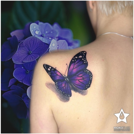 salon tatuażu warszawa motyl kolorowy tatuaż na łopatce
