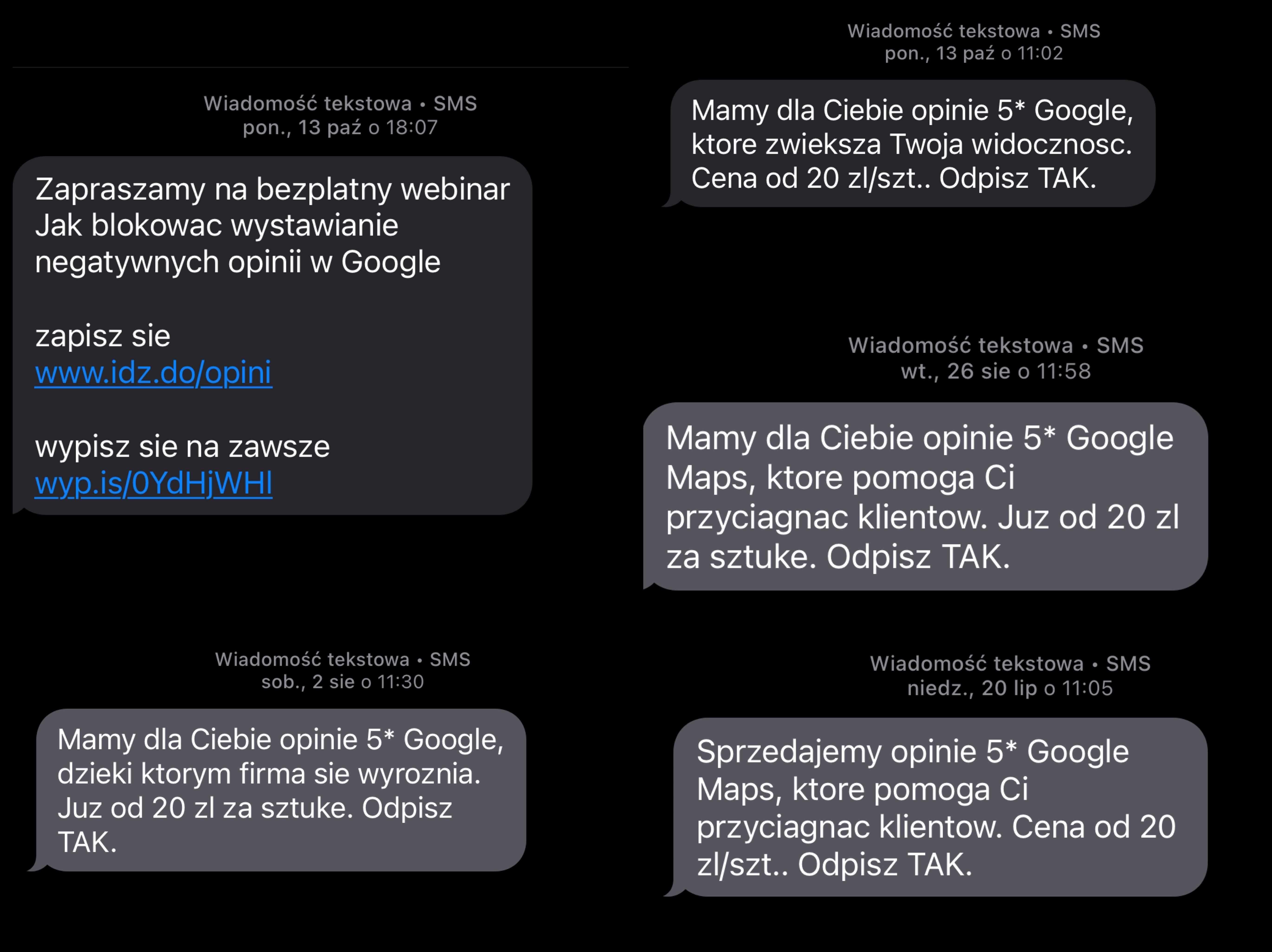 Print screen ofert z propozycjami kupienia fałszywych opinii dla studia tatuażu Warszawa