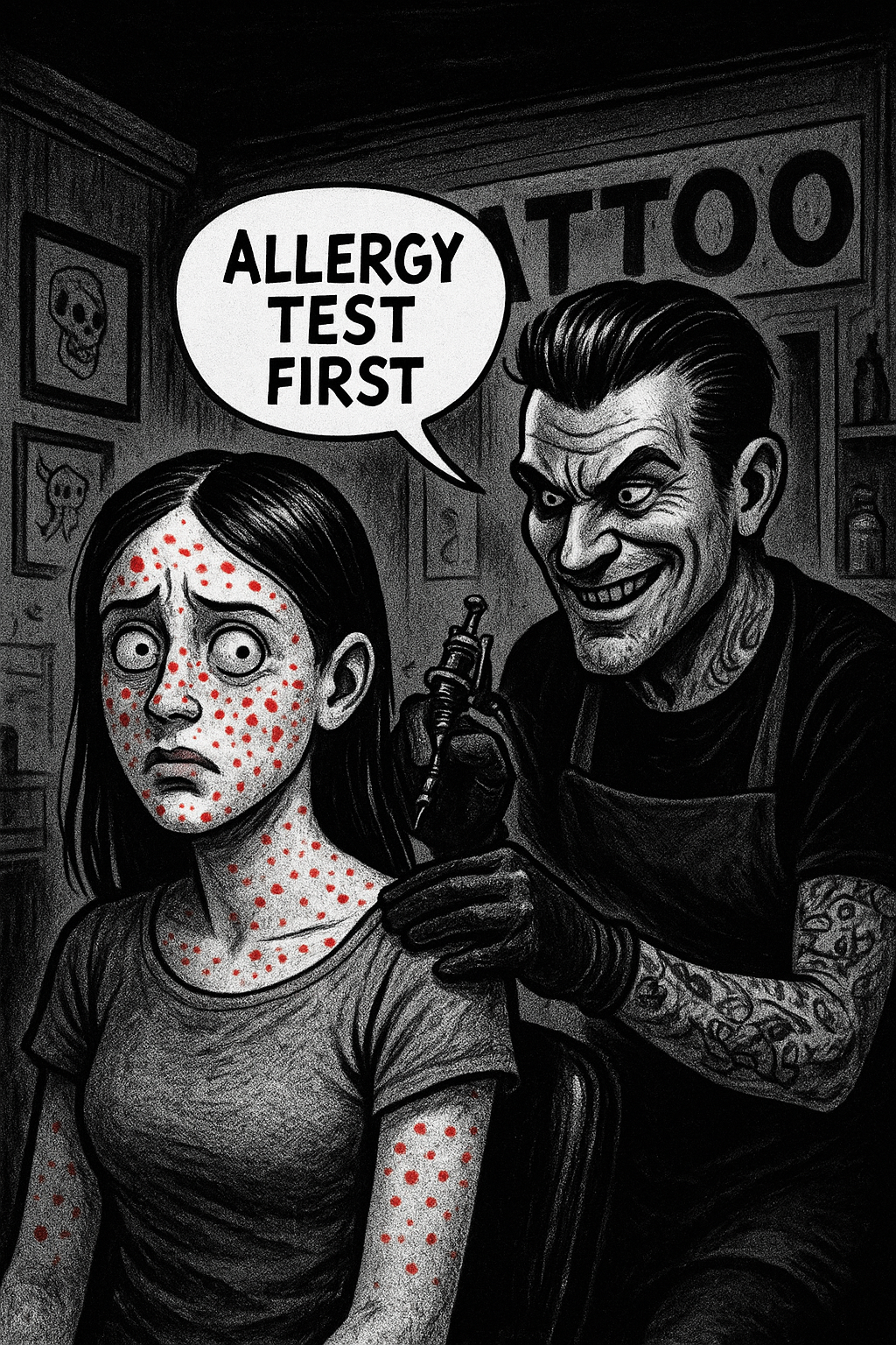 dziewczyna w studiu tatuażu z wytatuowanymi kropkami na ciele jako test alergiczny na tusz