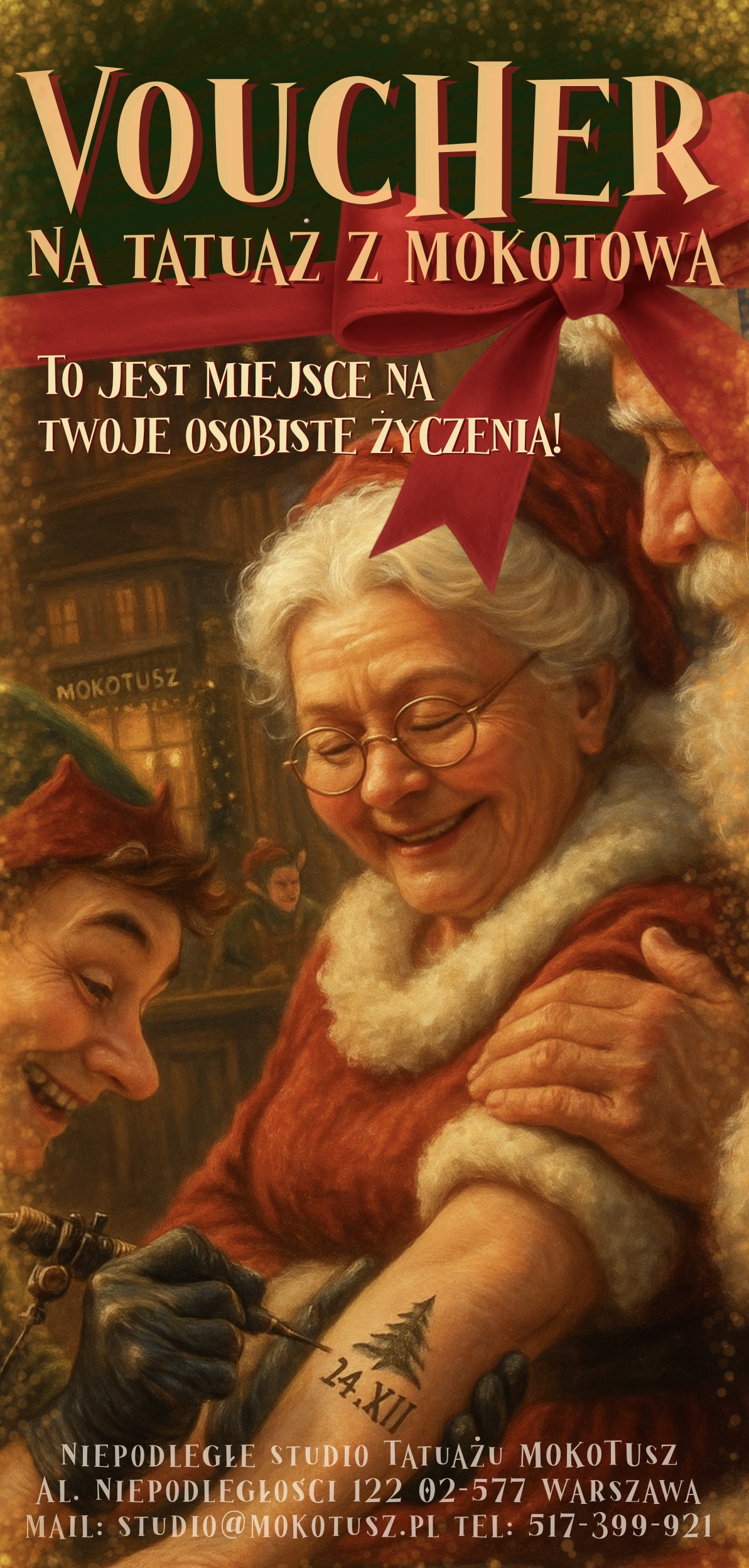 bon na tatuaż z mikołajem dla niej elegancki prezent na mały tatuaż