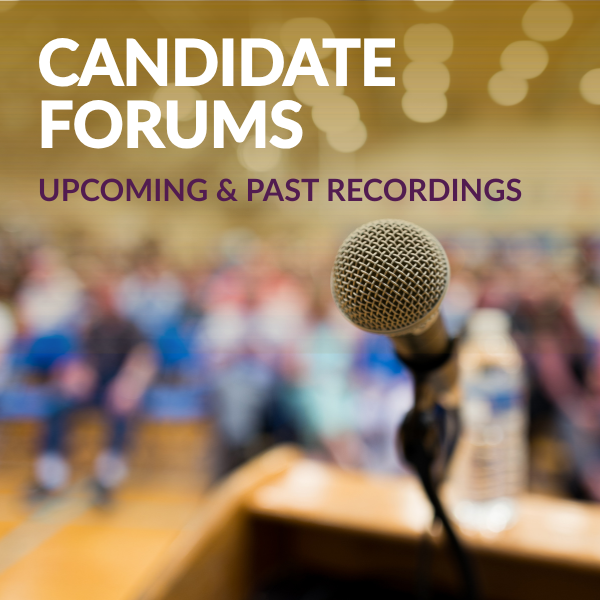 A closeup of a microphone in front of a blurred audience. Text reads Candidate Forums, upcoming and past recordings
