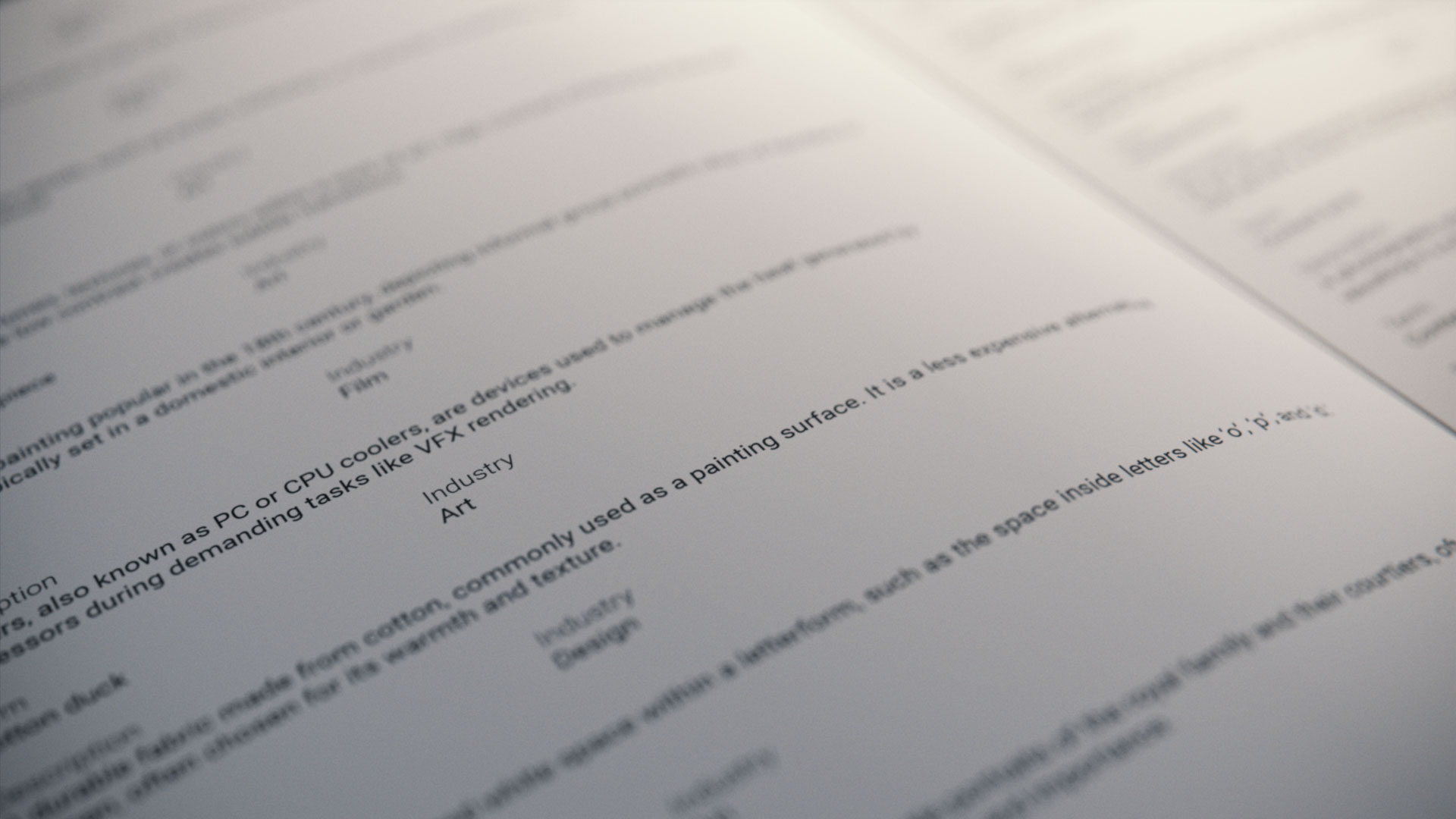 Close-up 3D render of a printed page from the Blauw Films Glossary of Terms, featuring entries related to film, design, games, and art. The lighting emphasizes key words like "Industry," "Art," and technical phrases, showcasing a sleek and minimal layout. Keywords: "Glossary of Terms," "Film Terms," "Design Terms," "Games," "Art".