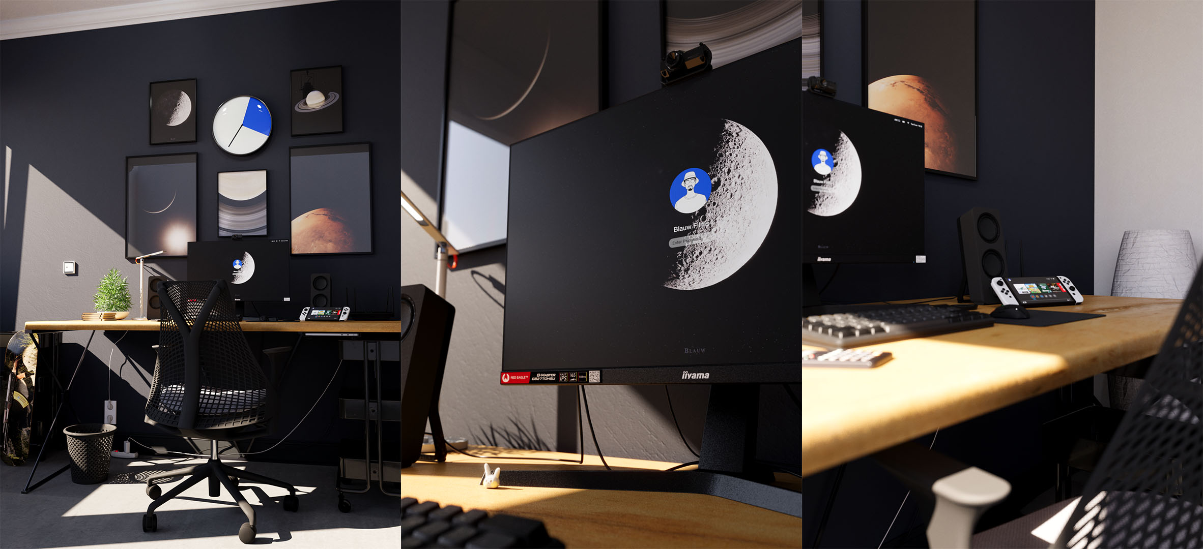 A modern desk setup with planet art prints and posters of Mars, Saturn, and the moon hanging on the wall.