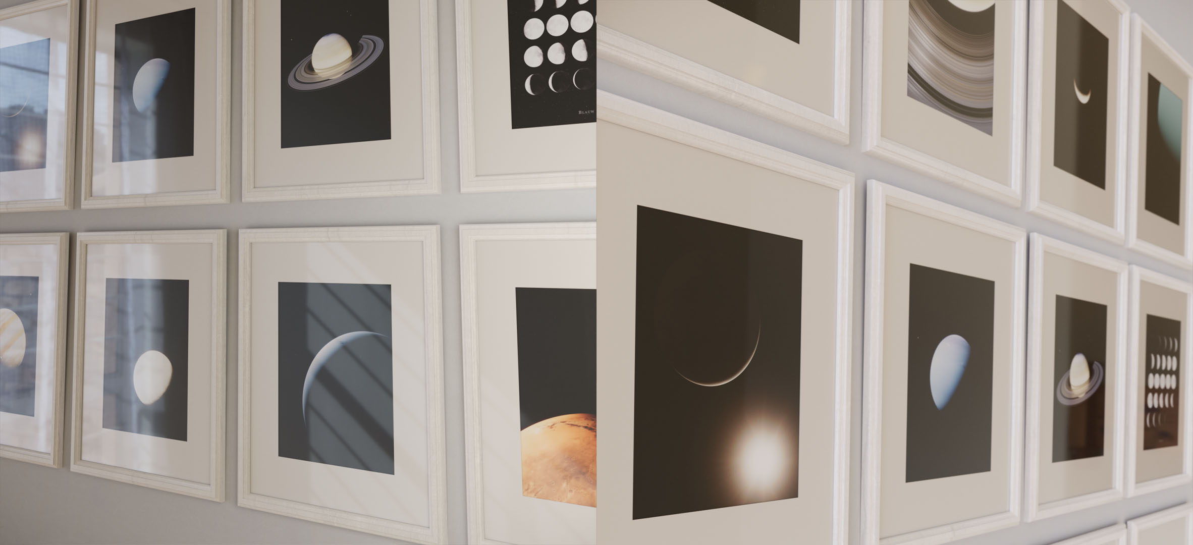 A white wall with white art frames featuring art prints of our solar system.