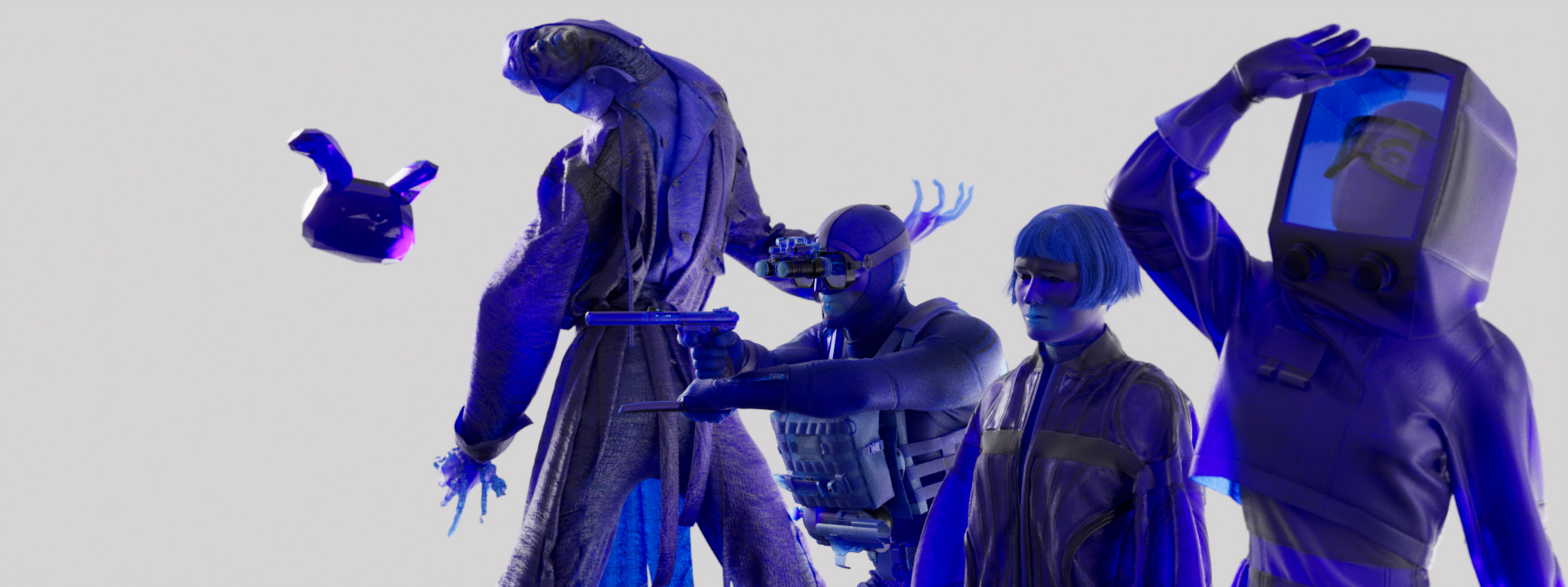 Key characters from the Worlds of Blauw Films in a blue crystal material. From left to right, Noonie, Sad Tall from Apple Rot, Pedro Gomez from Operation: Deli Platter, Prisma Sweetspire from Heist Club and Ayla Erdogan from Syntactic Labyrinths.