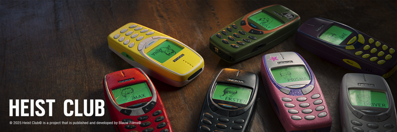 Six colorful custom Nokia 3310 burner phones for Heist Club on a wooden table, each featuring a character name and sketch on the screen.