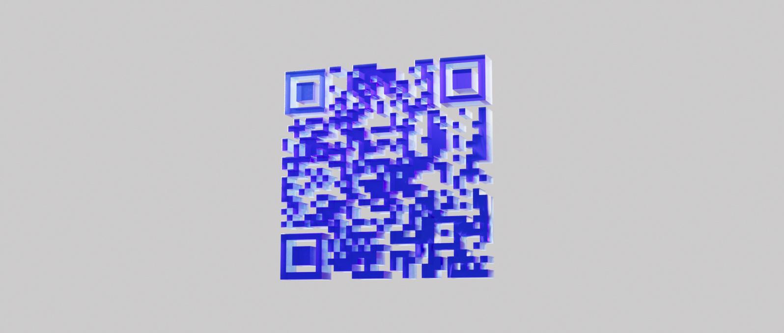 A floating QR Code to in a crystal blue material in an extruded 3D shape for the Blauw Films Free QR Code Generator.