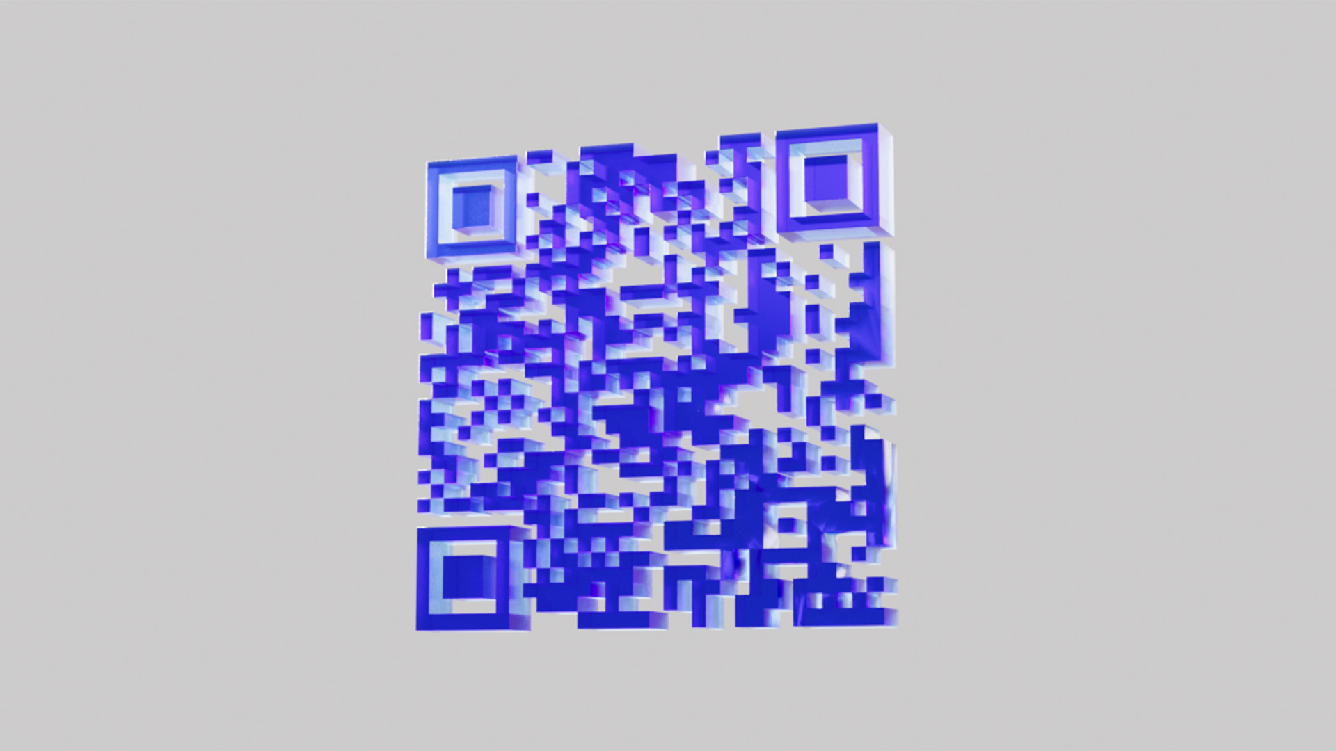 A floating QR Code to in a crystal blue material in an extruded 3D shape for the Blauw Films Free QR Code Generator.