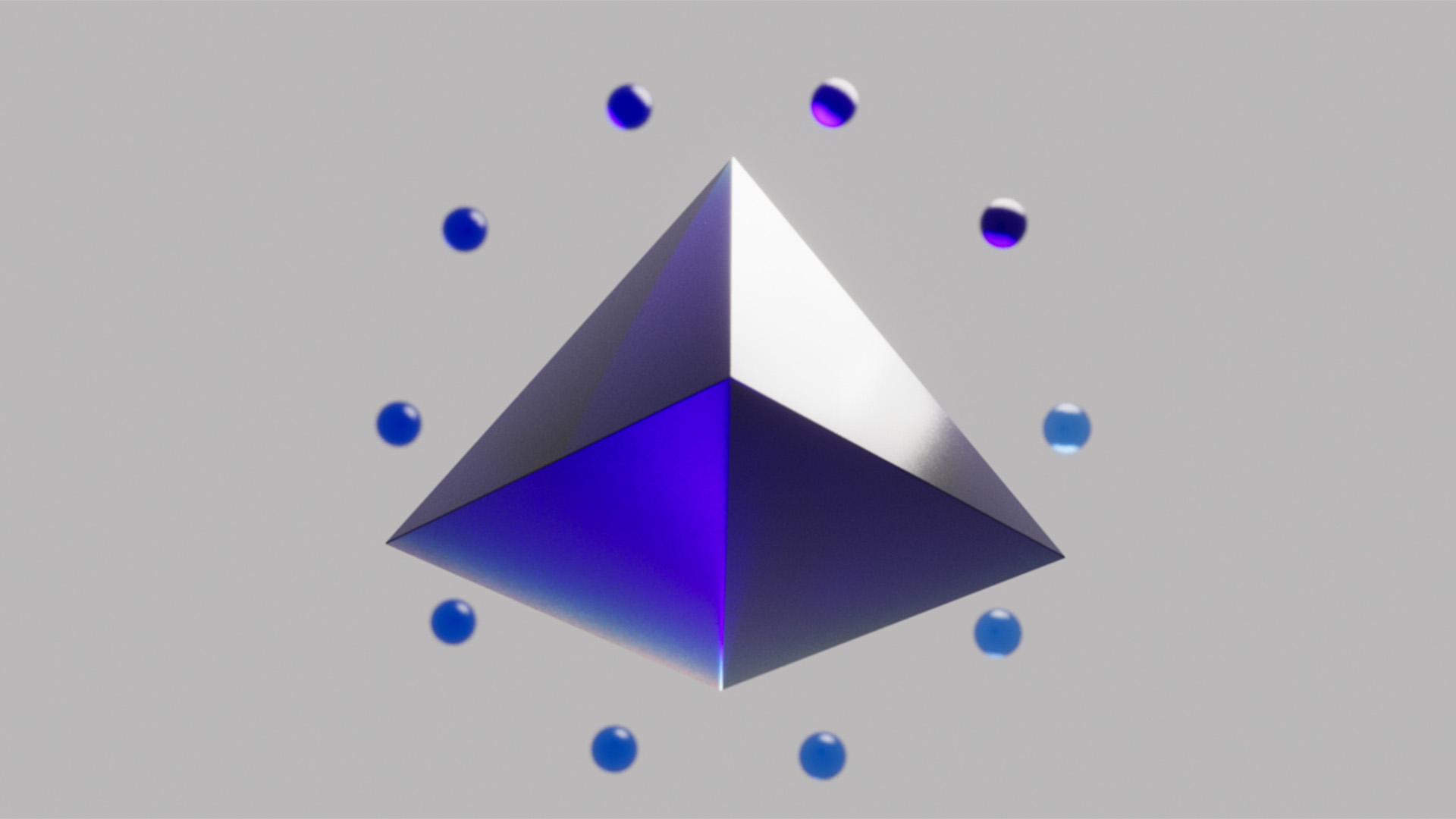 Floating spheres surrounding a pyramid in a crystal blue material in 3D for the Blauw Films Color Palette Generator.