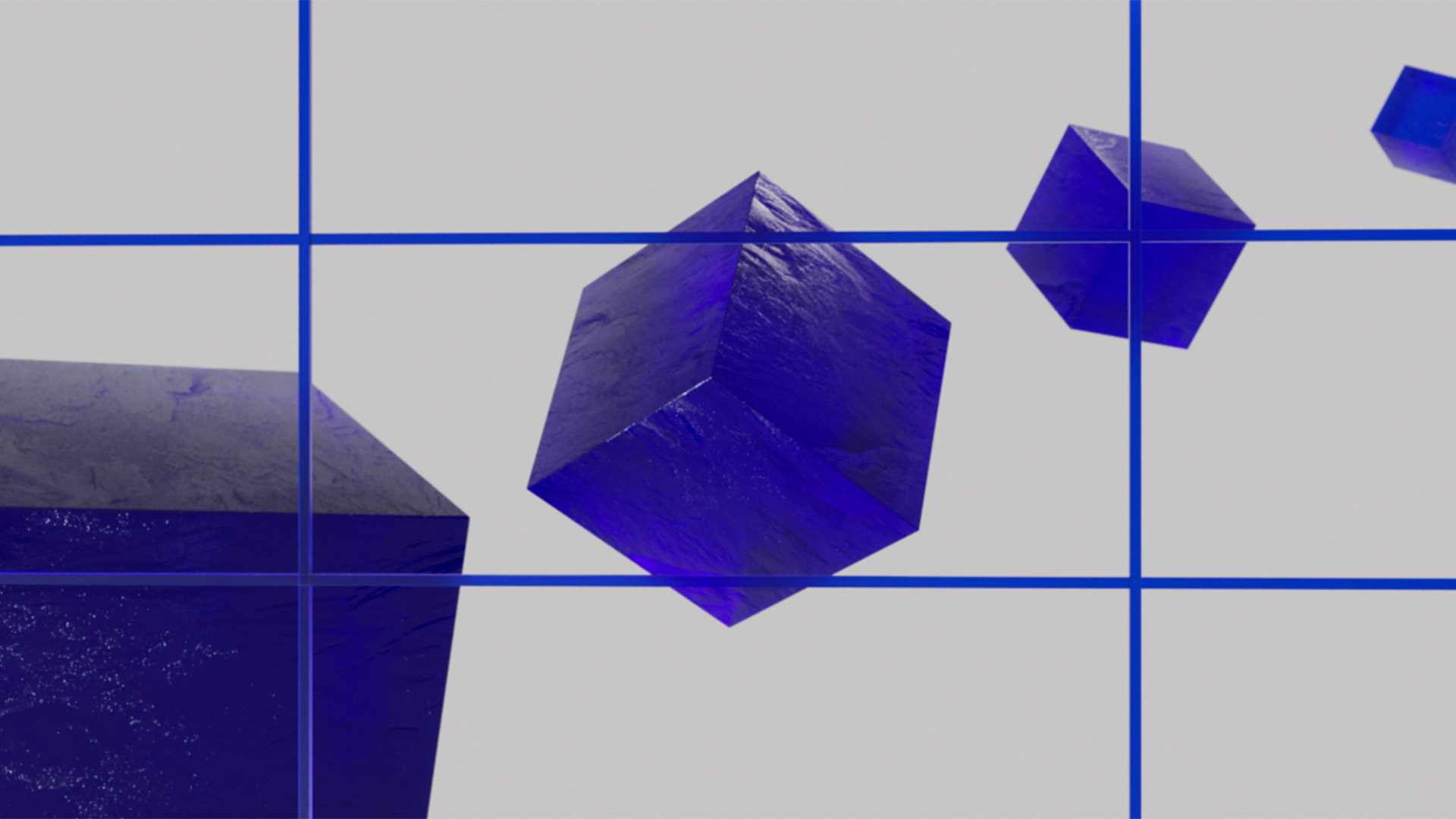 A compositional grid with several 3D crystal cubes floating in the background for the Blauw Films Compositional Grid Overlay.