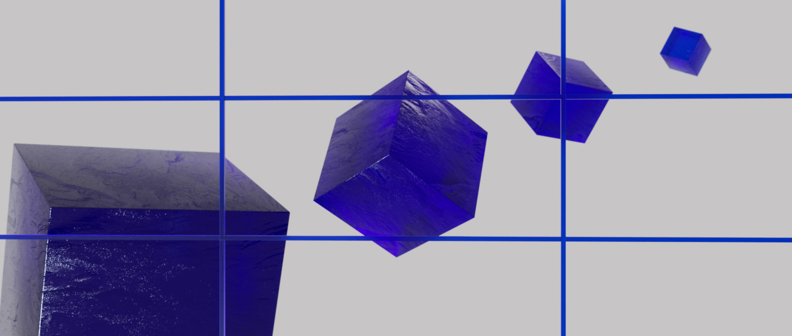 A compositional grid with several 3D crystal cubes floating in the background for the Blauw Films Compositional Grid Overlay.