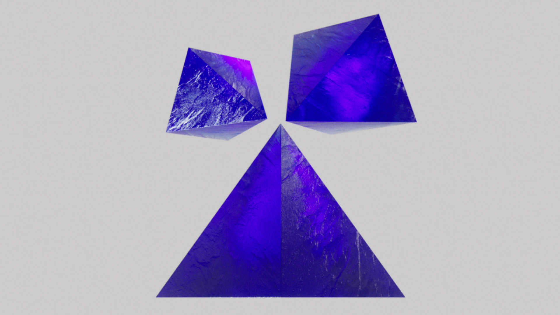 A group of 3D crystal pyramids floating in a gray background for the Blauw Films Pixel, ASCII & Dither Art Generator.
