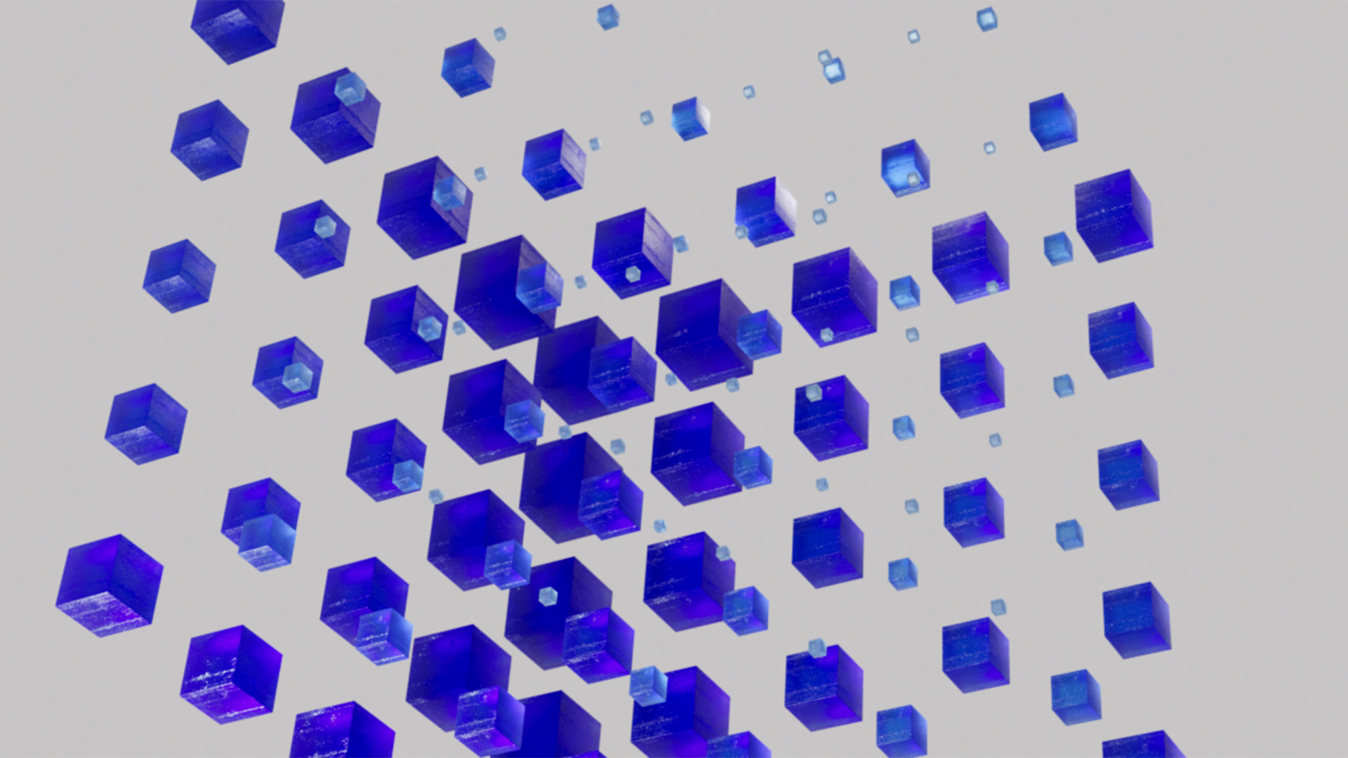 A group of 3D crystal cubes floating in a gray background becoming smaller and smaller for the Blauw Films 3D Simulation Cache Calculator.