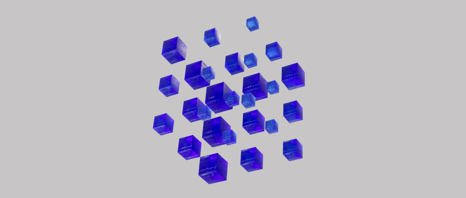 A group of 3D crystal cubes floating in a gray background becoming smaller for the Blauw Films Image Compressor.