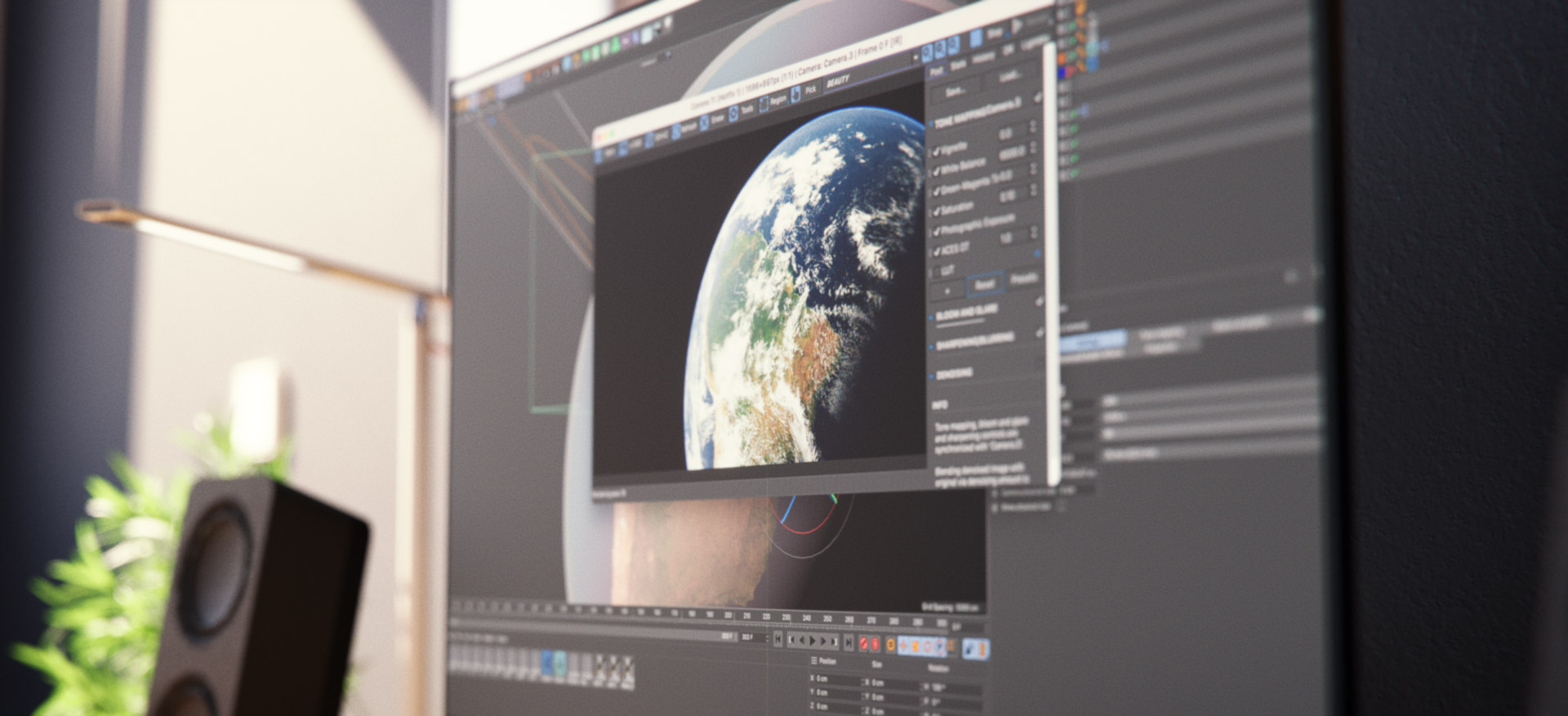 A desktop monitor with Cinema 4D booted up with a Blauw Films open-source resource in use. 