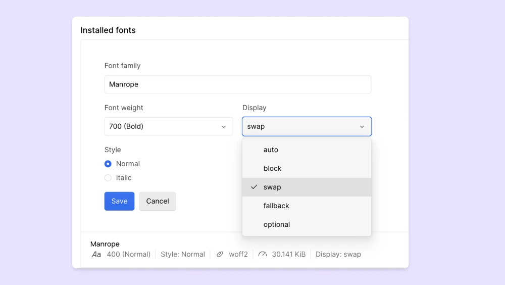 Step-by-step guide on uploading WOFF2 fonts to Webflow and setting the display to "swap".