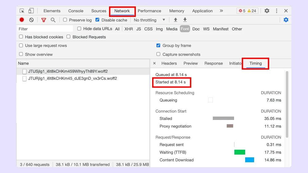 ‘Network’ tab screenshot illustrating the structure of font files and their impact on load times.