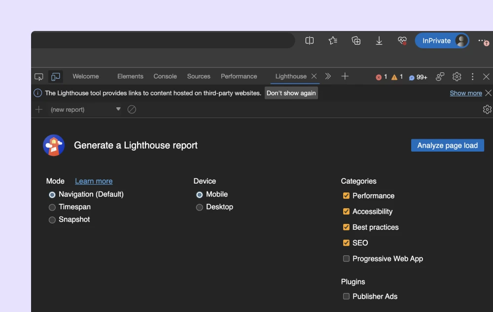 Screenshot of accessing the Lighthouse tab within Edge/Chrome DevTools.