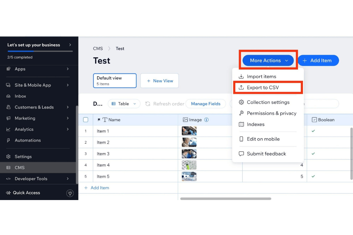 CMS 'Test' collection page with options for adding new items, managing fields, and exporting to CSV.