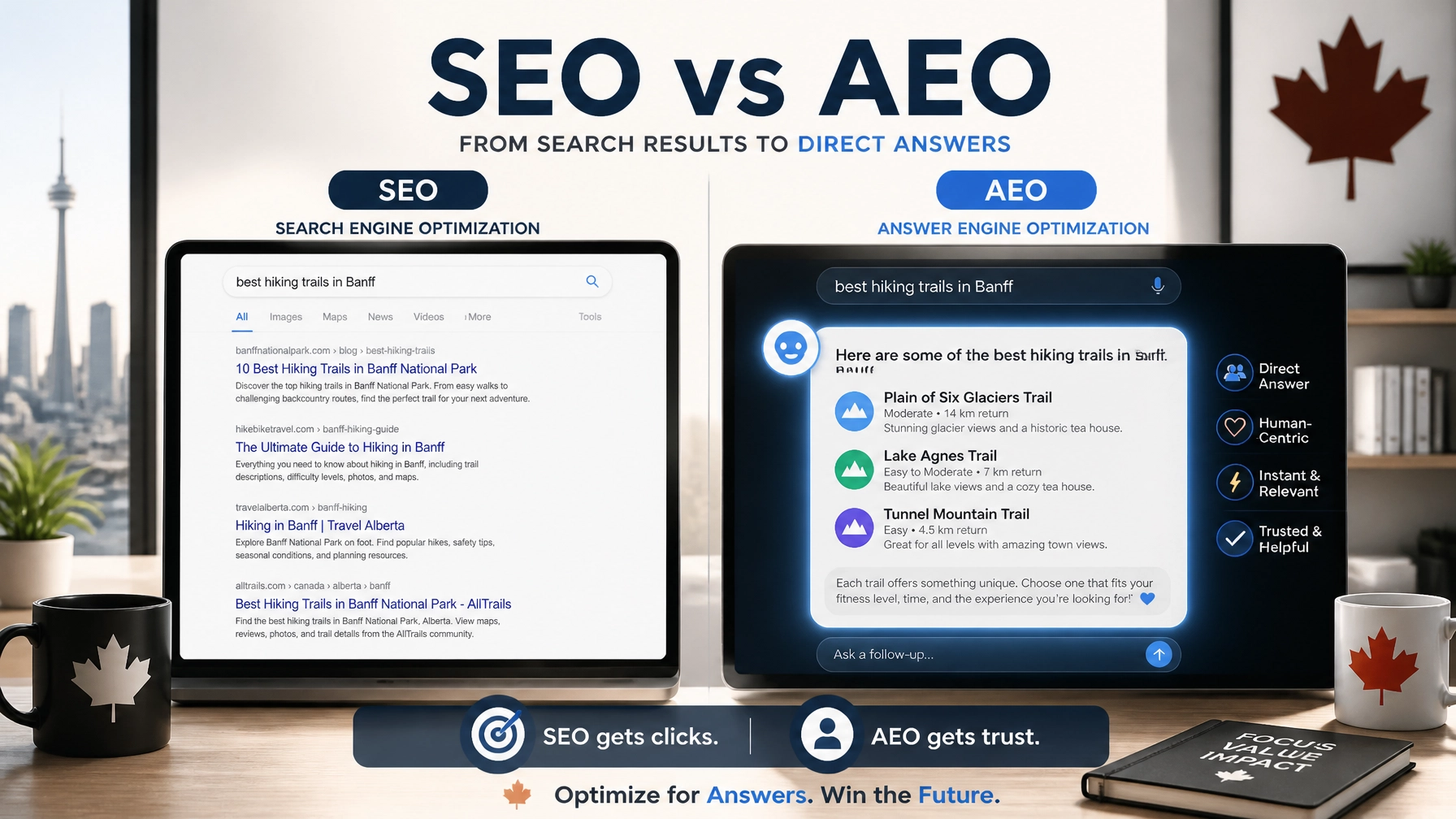 Comparison between traditional SEO search results and modern AI-generated direct answers.