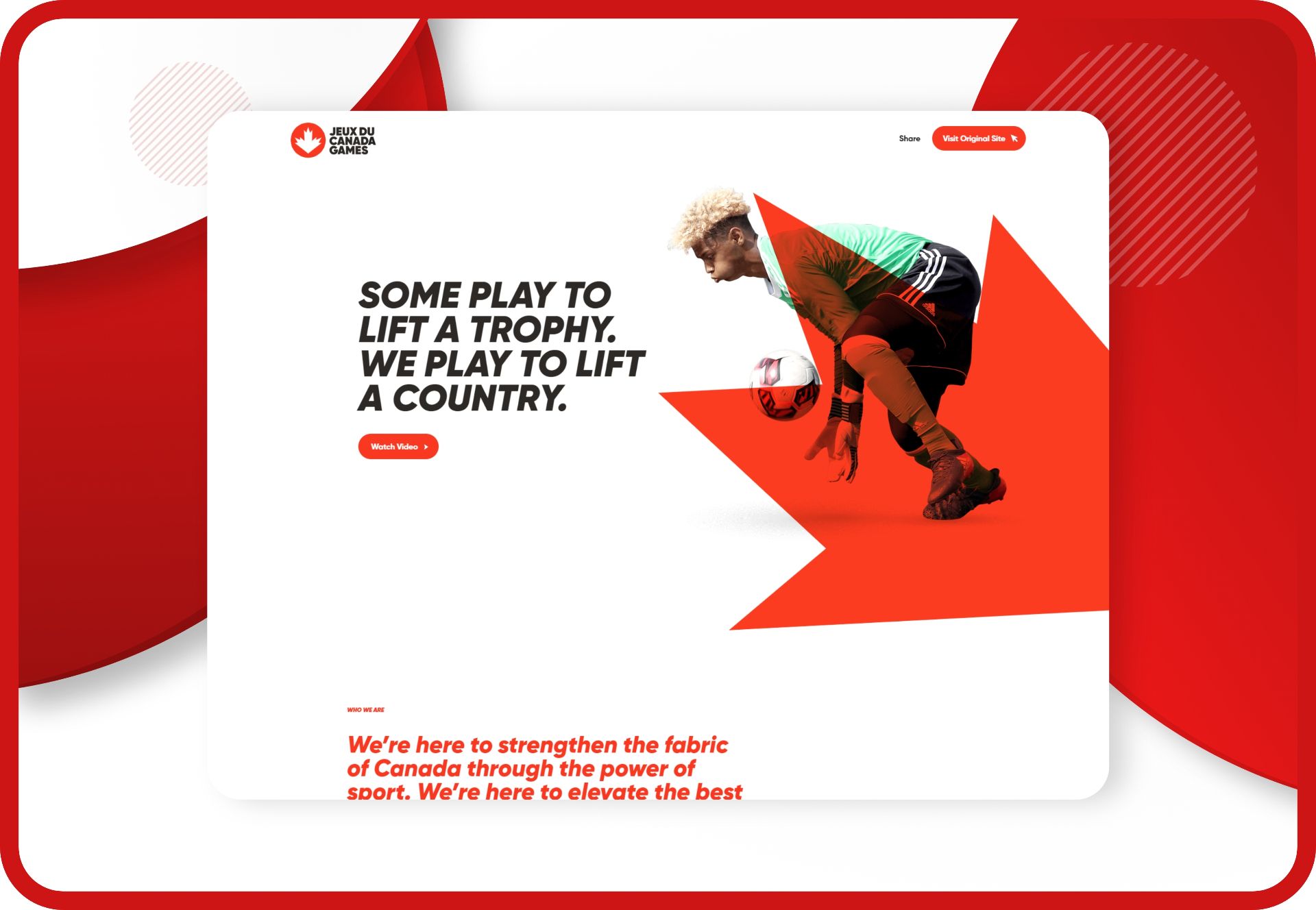Website mockup for Canada Games with a red and white theme, showing high-performance responsive design.