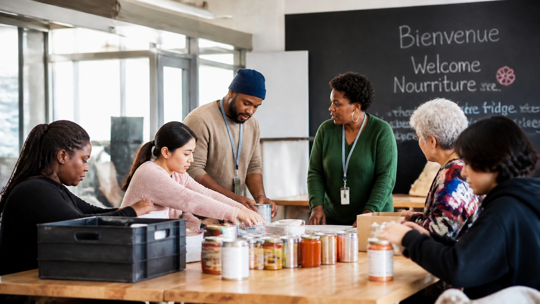 A diverse group of community members collaborating in a bright workspace, representing real-world impact.