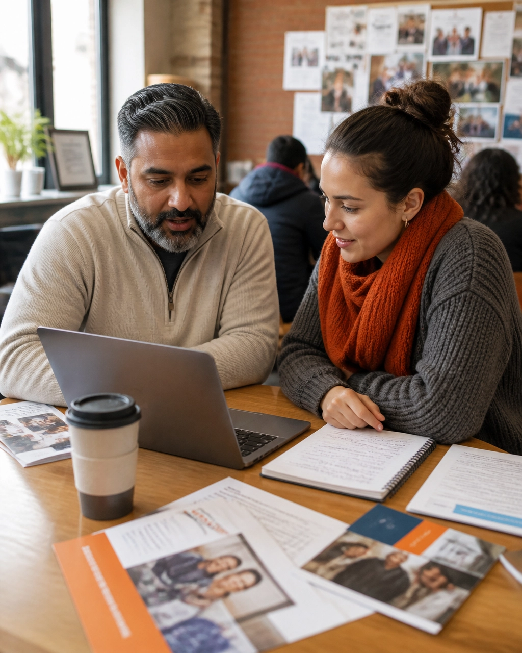 Volunteer coordinator and donor reviewing a donation page on a laptop at a community table