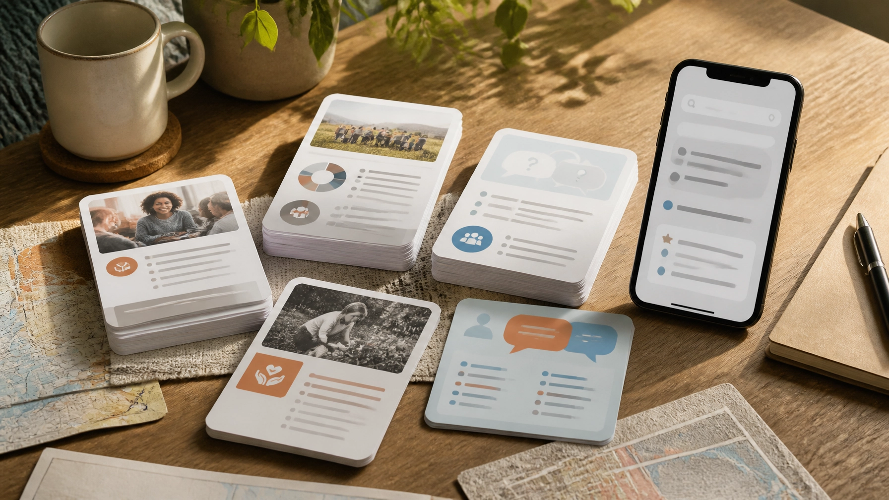 Question-and-answer cards, impact reports, and bilingual notes beside a phone showing a generic search answer layout
