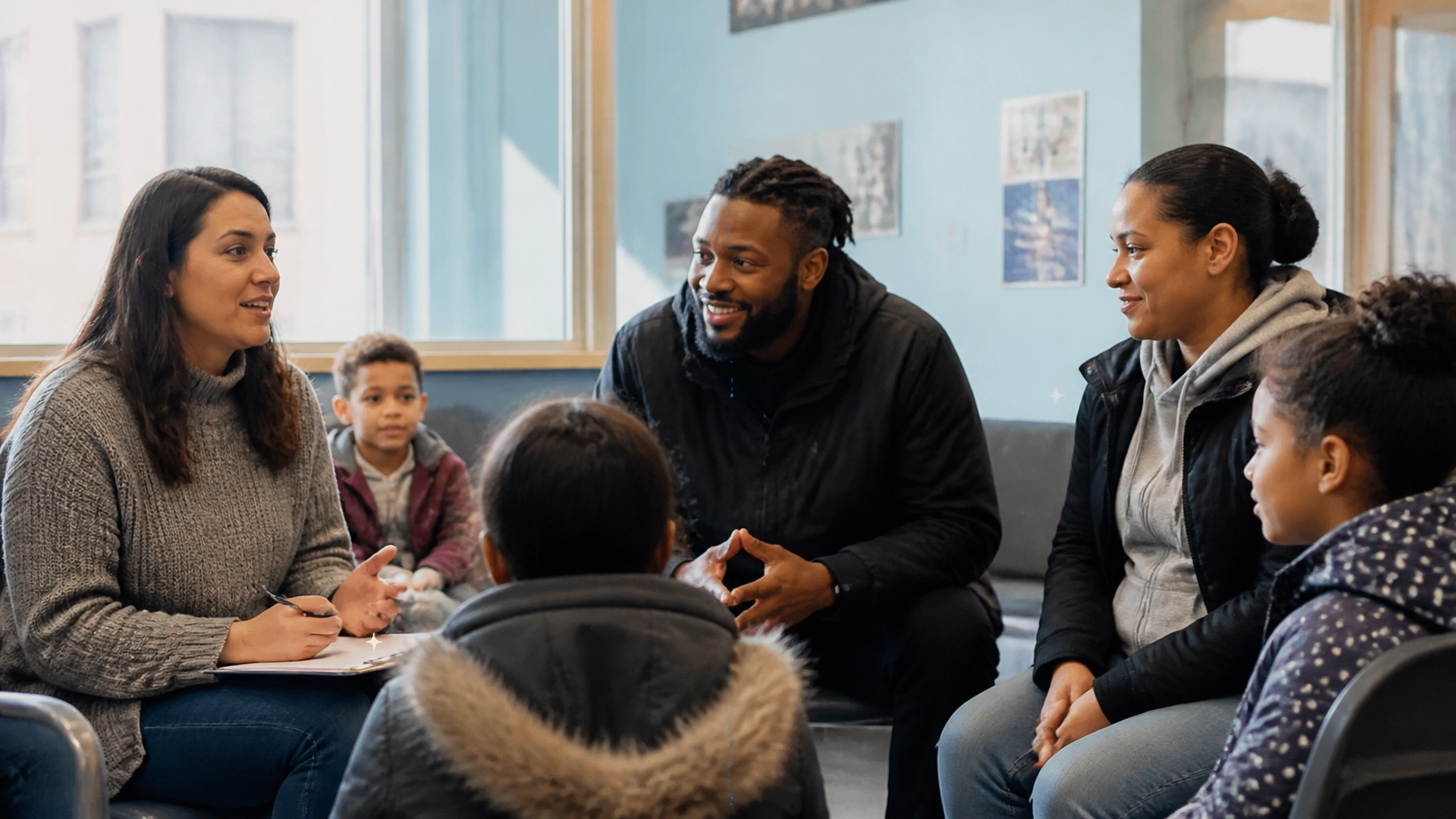 A donor and nonprofit program coordinator speaking with a family at a Toronto community centre