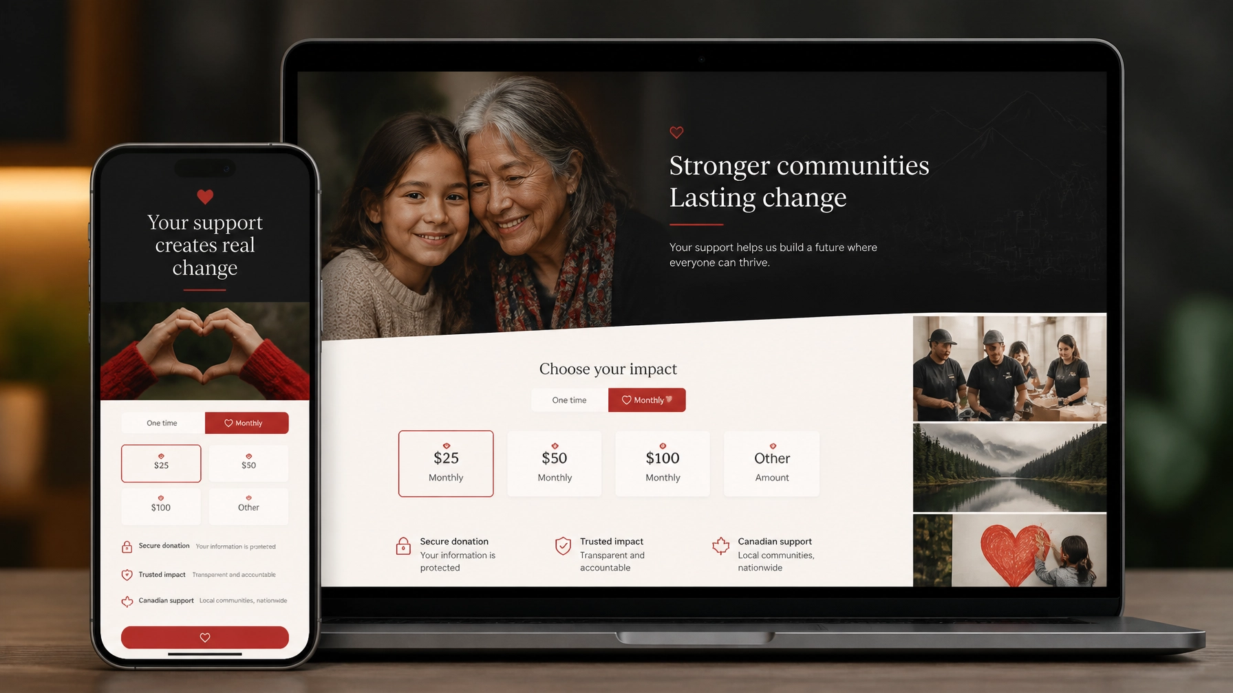 Responsive nonprofit donation pages with preset giving amounts and a monthly giving option